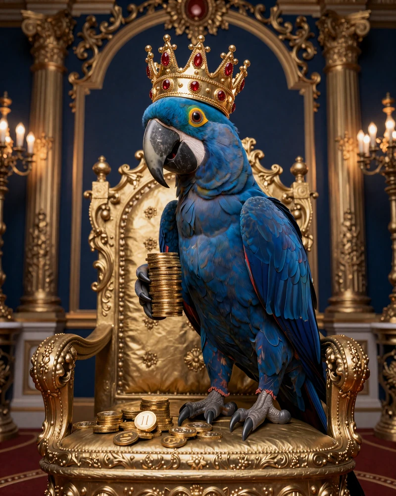 Martin der blaue Ara als K&ouml;nig mit goldener Krone und M&uuml;nzen im Online Casino Palast